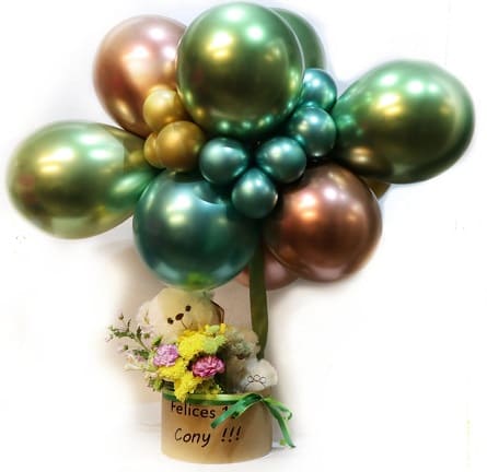 Imagen de Promesas Descripcion: Caja personalizada con frase, Oso de 50 cm, ramo de flores con globos cromados.