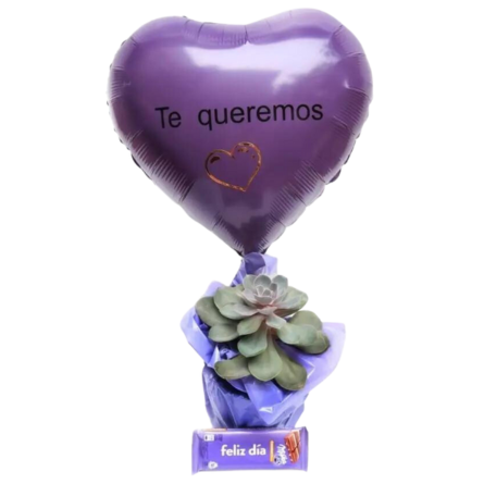 Imagen de Amiga fiel Descripcion: Planta suculenta en forma de rosa con tonos violetas, chocolate con frase feliz día milka y globo personalizado.