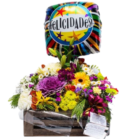 Imagen de Señal del destino Descripcion: Cajon grande de flores variadas, astromelias, rosas, conejitos,etc  con globo de helio