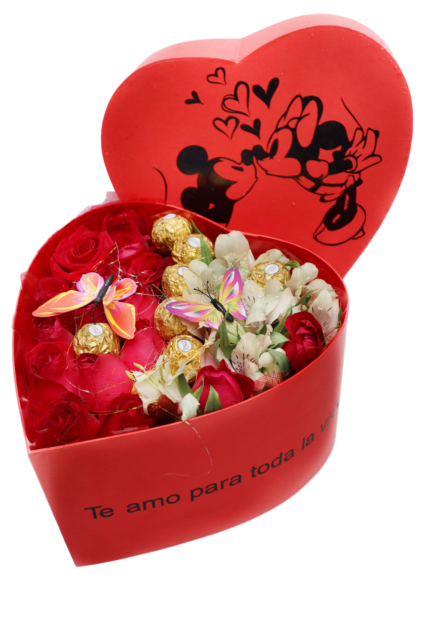 Imagen de resistiré Descripcion: Ramo de 10 rosas ferreros astromelias en caja corazon con 2 mariposas y brillos 
