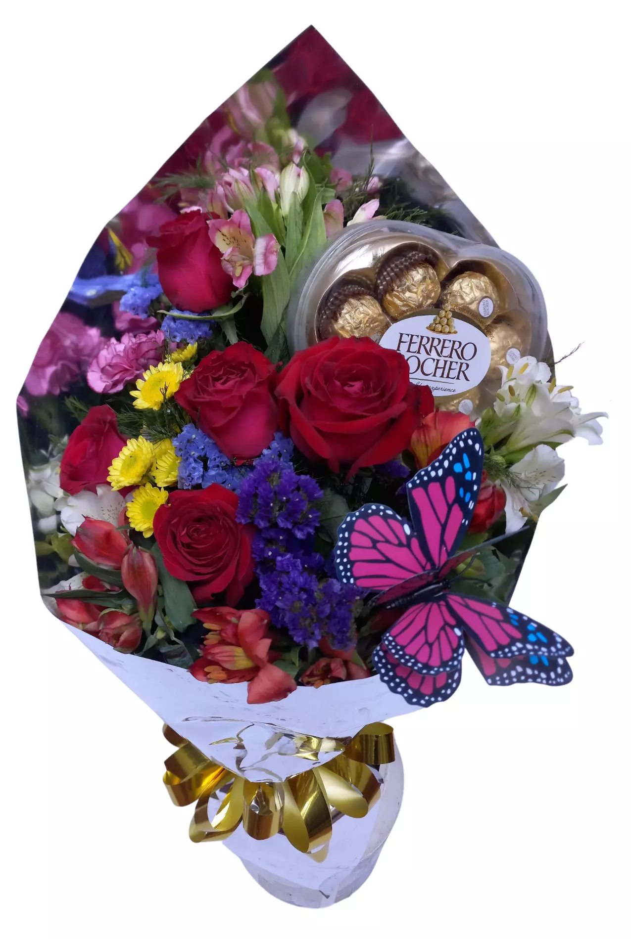Imagen de Memoria de un beso Descripcion: Ramo de rosas con flores variadas caja de chocolate corazon y mariposa 