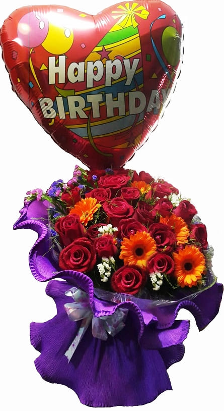 Imagen de Felicidades Descripcion: Ramo 15 rosas con gerberas y globo grande 