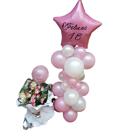 Imagen de Columna con ramo Descripcion: Columna de globos más un ramo con 3 rosas y otras flores en tonos rosados